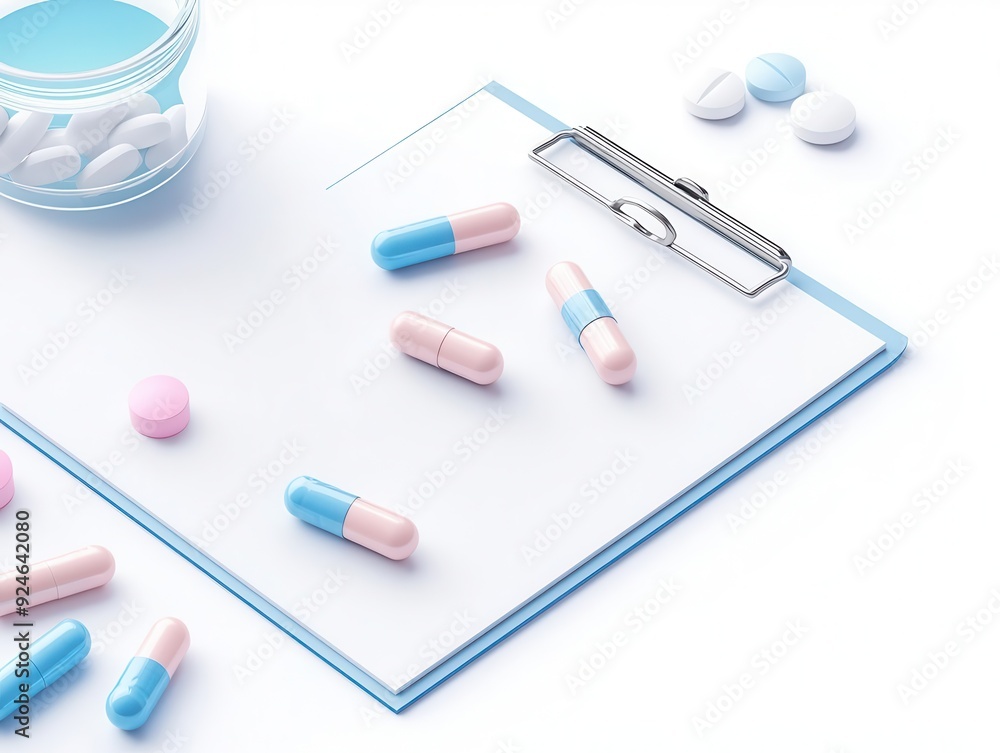 Annual check-up at a clinic, including drug prescriptions and patient health records, with clear space for text. Annual check-up at a clinic, including drug prescriptions and patient health records, with clear space for text.