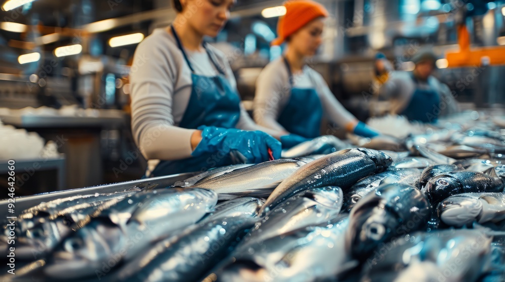 Fresh fish, caught and transported to a processing plant, are seen on a conveyor belt, ready to undergo the process of industrial sorting and packaging. Fresh fish, caught and transported to a processing plant, are seen on a conveyor belt, ready to undergo the process of industrial sorting and packaging.