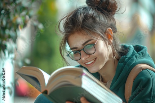 A woman with glasses is engrossed in her favorite book photo