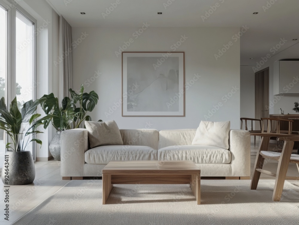 Fototapeta premium A living room with a white couch, a coffee table, and a potted plant