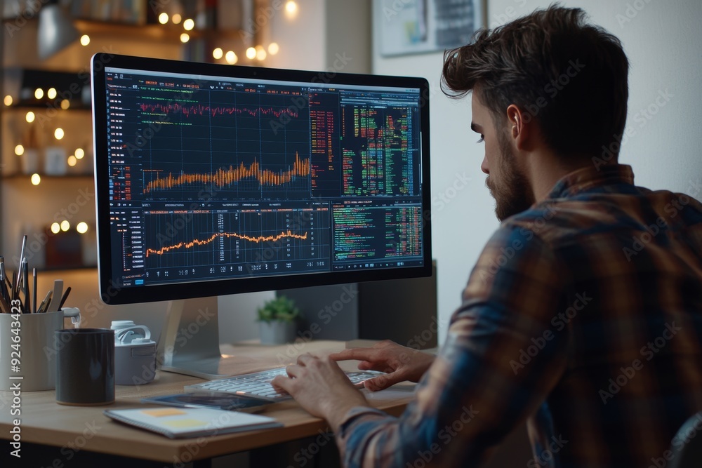 Focused young investor in home office analyzing market data and making financial decisions Focused young investor in home office analyzing market data and making financial decisions