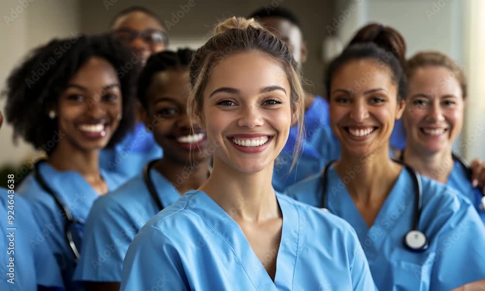 A group of diverse nurses from different backgrounds stands together, smiling brightly in their scrubs, radiating happiness and teamwork at a healthcare facility A group of diverse nurses from different backgrounds stands together, smiling brightly in their scrubs, radiating happiness and teamwork at a healthcare facility