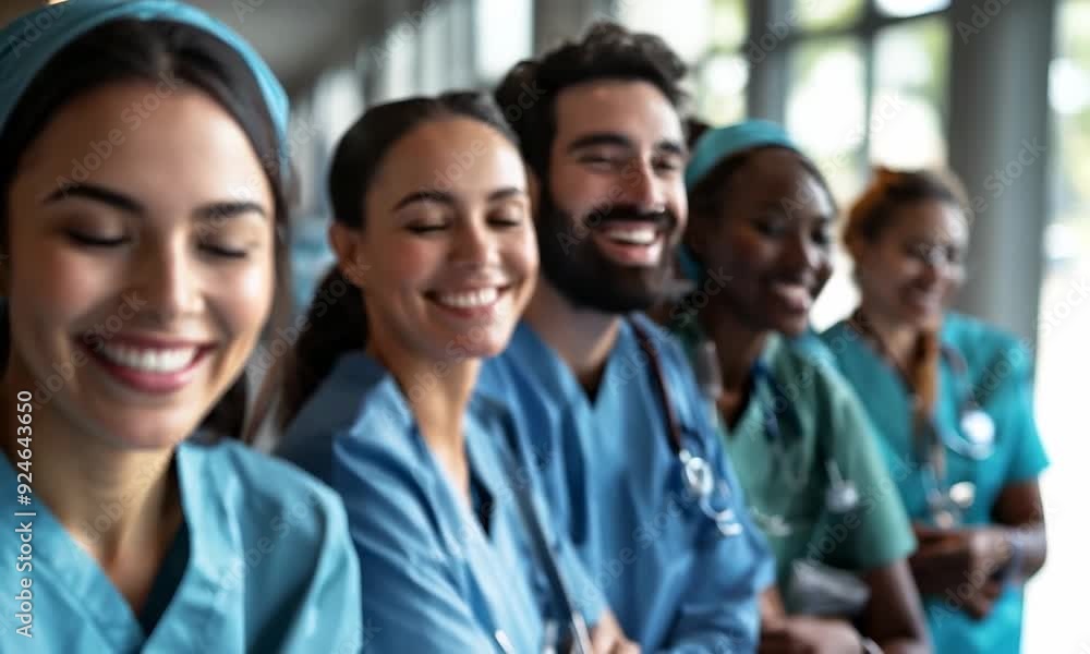 A diverse group of nurses shares a joyful moment, smiling brightly in their scrubs, showcasing camaraderie and teamwork A diverse group of nurses shares a joyful moment, smiling brightly in their scrubs, showcasing camaraderie and teamwork