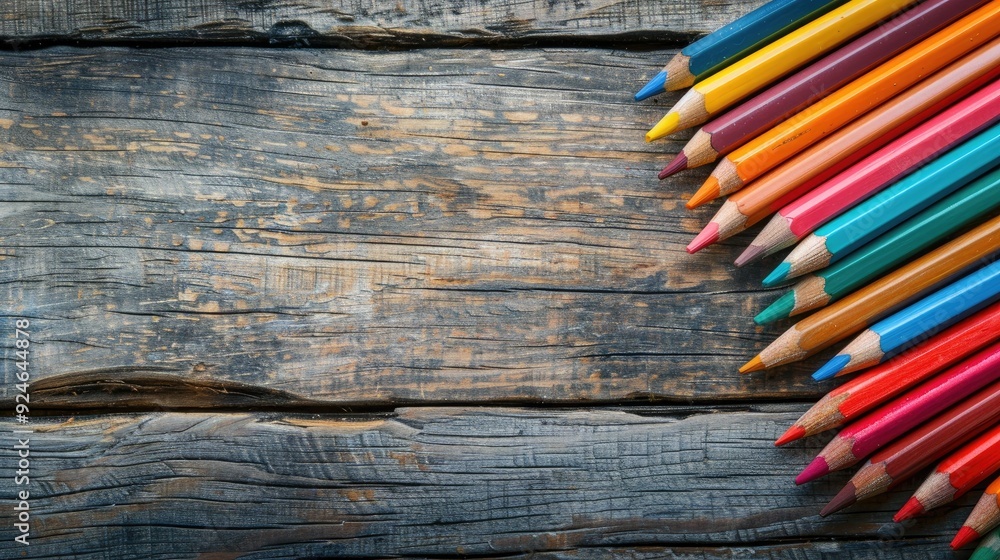 Colored pencils on aged wooden surface Overhead view Empty area Antique backdrop School or art theme Colored pencils on aged wooden surface Overhead view Empty area Antique backdrop School or art theme