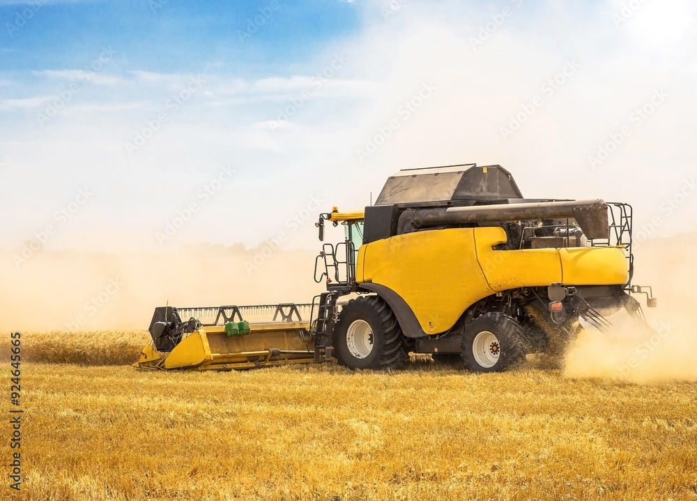 Combine harvester harvesting wheat on a sunny summer day Combine harvester harvesting wheat on a sunny summer day