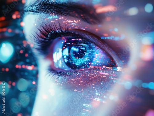 Futuristic close up  woman s eye enhanced with digital elements in artistic photography photo