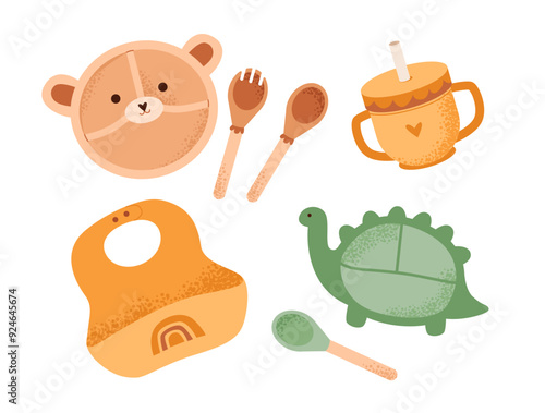 Flat vector illustration of a colorful baby tableware set. Plate, spoon and sippy cup for kids mealtime and toddler-friendly dishes