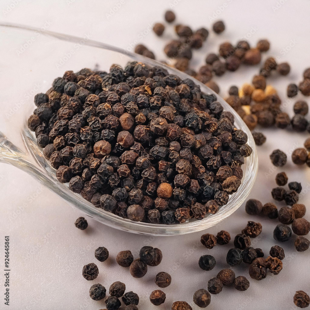 Black Pepper glass bowl with wooden spoons on white background. ai generated Black Pepper glass bowl with wooden spoons on white background. ai generated