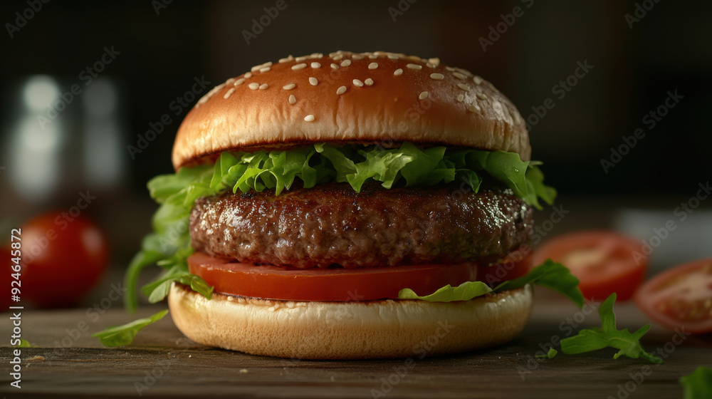 A delicious hamburger showcasing a realistic, juicy meat patty in the middle, surrounded by A delicious hamburger showcasing a realistic, juicy meat patty in the middle, surrounded by