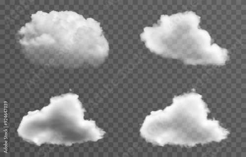 Set of vector clouds, fog or smoke on an isolated transparent background. Cloud, smoke, png.