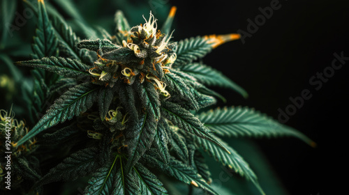 A dense cannabis flower with earthy green tones and amber trichomes, set against a black