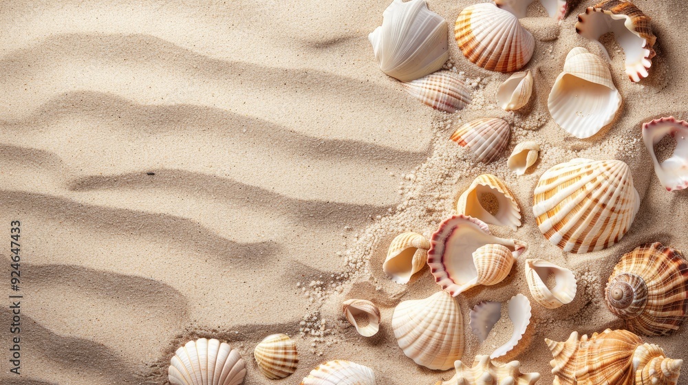 Seashells on sandy backdrop with room for text Seashells on sandy backdrop with room for text