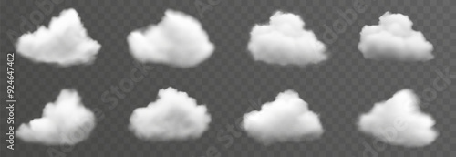 Set of vector clouds, fog or smoke on an isolated transparent background. Cloud, smoke, png.