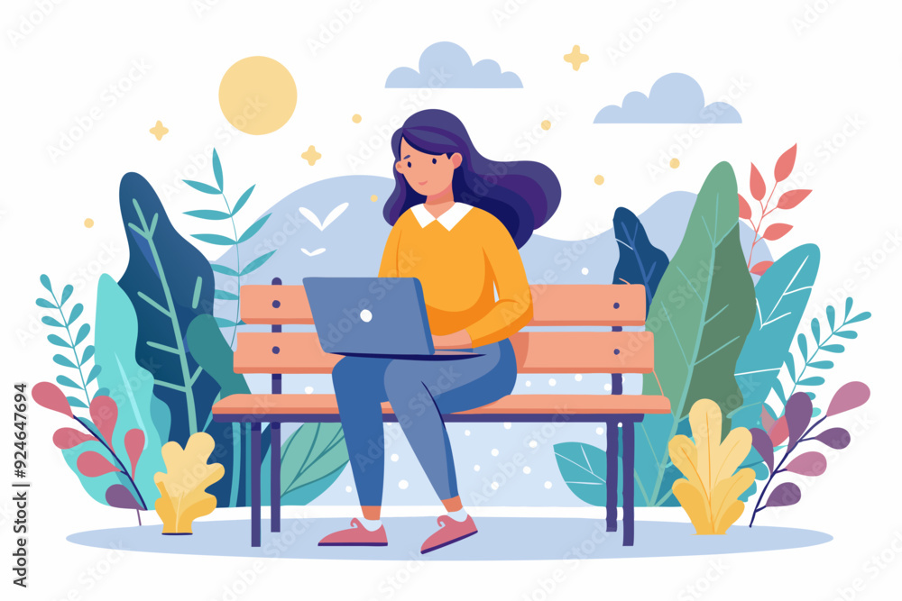Woman Working on Laptop in a Park Woman Working on Laptop in a Park