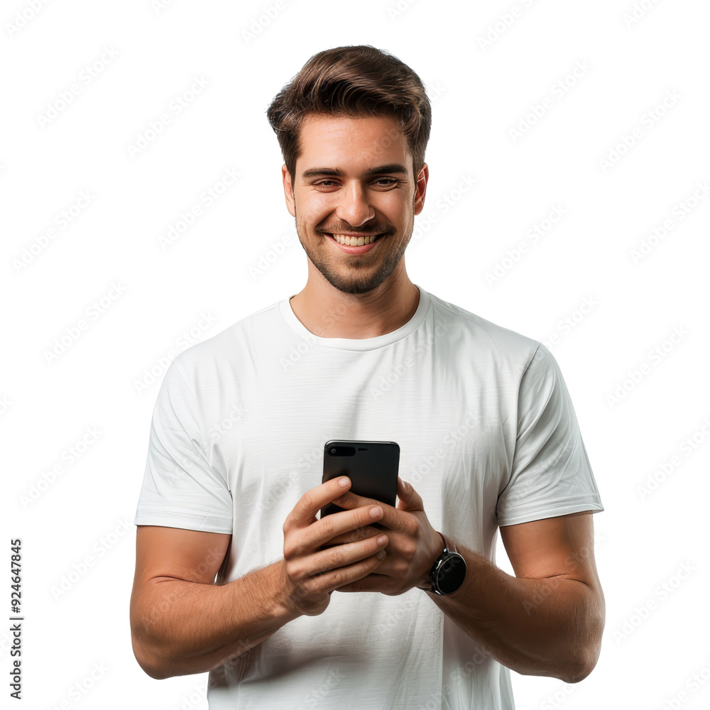 Young Man Holding Smartphone and Smiling Isolated on Transparent Background Young Man Holding Smartphone and Smiling Isolated on Transparent Background