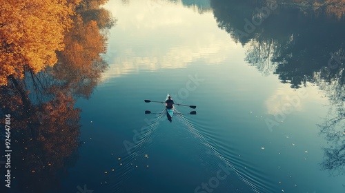 A person rowing on a calm lake in autumn, aerial view of a small boat with only calm water around it. The generation of AI