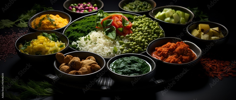 Colorful detailed close-up of an Indian Thali with Diverse Curries and Sides Colorful detailed close-up of an Indian Thali with Diverse Curries and Sides