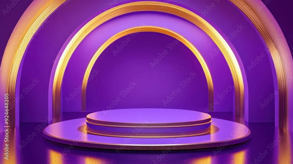 Fototapeta premium Purple and gold podium with an infinity mirror effect, creating endless reflections, purple and gold podium, infinite luxury concept