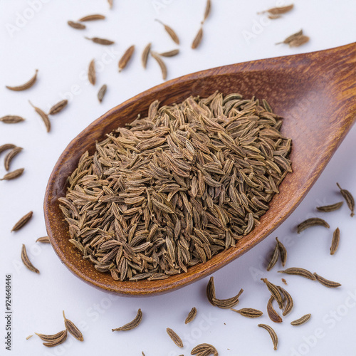 cumin seeds wooden spoon, cumin seeds in bowl on white background. ai generated