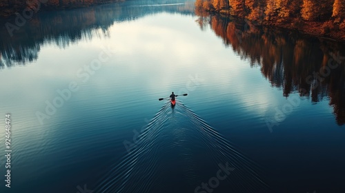 A person rowing on a calm lake during autumn, aerial view showing a small boat surrounded by still water and seasonal colors, representing peace and solitude. AI generated illustration.
