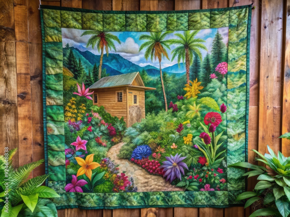 Obraz premium whimsical tropical forest scene depicted on a handmade quilt against a reclaimed wood cabin wall with lush greenery and exotic flowers spilling onto the floor