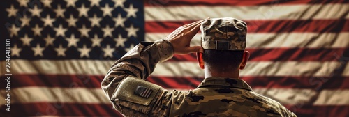 A soldier in military uniform salutes the American flag. The background is the national flag of USA, symbolizing pride, patriotism, and respect. photo