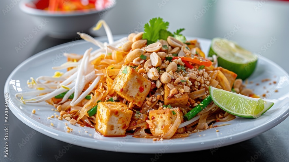 Tofu Pad Thai Delight: A vibrant plate of Pad Thai, featuring golden tofu, crunchy peanuts, and fresh lime wedges, beckons with its aromatic flavors and visual appeal. Tofu Pad Thai Delight: A vibrant plate of Pad Thai, featuring golden tofu, crunchy peanuts, and fresh lime wedges, beckons with its aromatic flavors and visual appeal.
