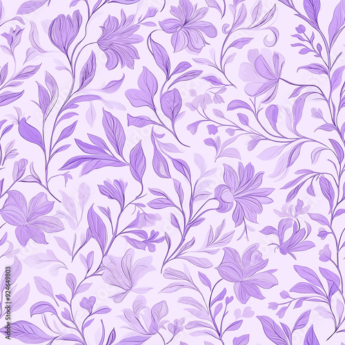 A seamless floral pattern in soft purple tones, featuring detailed leaves and flowers. The design is elegant and suitable for feminine or delicate themes.