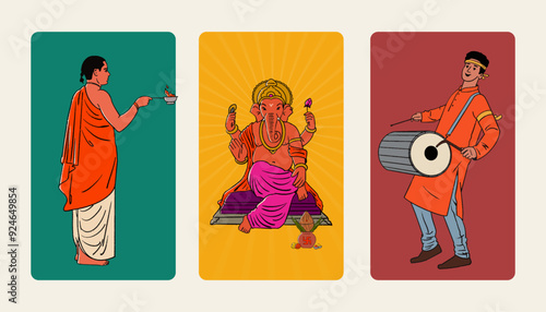 "Shree Ganesha" editable hand-drawn vector illustration, traditional festive elements, and Indian people celebrating Ganesh Chaturthi vectors. 