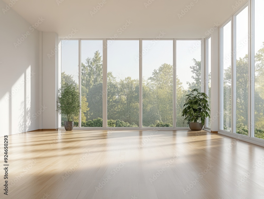 Fototapeta premium A large open room with a view of trees and a potted plant