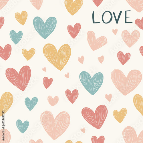 Hand-drawn hearts in pastel colors on a light background forming a seamless pattern, perfect for romantic, cute, and playful designs.