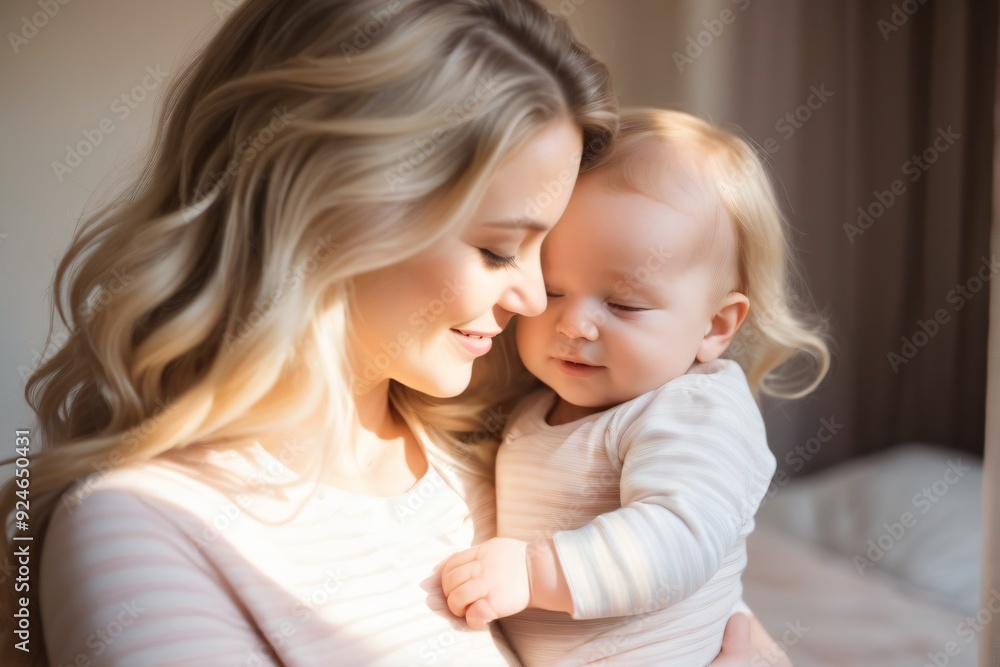 Happy motherhood. Mom hugs her baby with a smile. Childhood. Happy motherhood. Mom hugs her baby with a smile. Childhood.