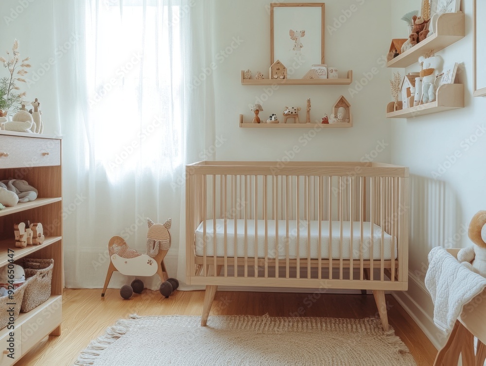 A nursery with a wooden crib and a window A nursery with a wooden crib and a window