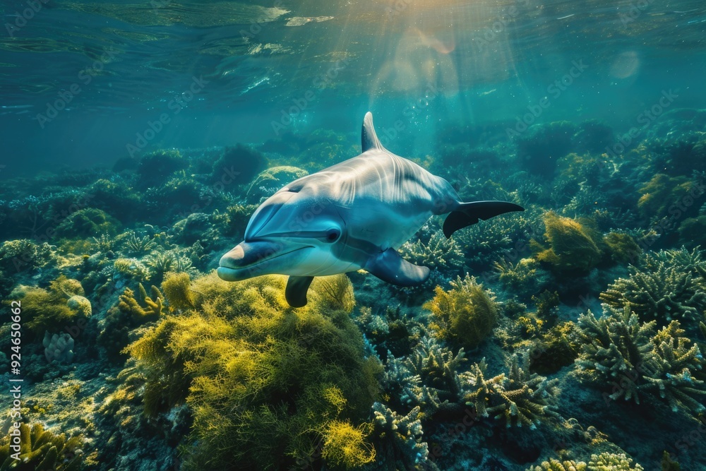 A dolphin swims through the water near a coral reef, providing an opportunity for underwater photography or marine life conservation A dolphin swims through the water near a coral reef, providing an opportunity for underwater photography or marine life conservation