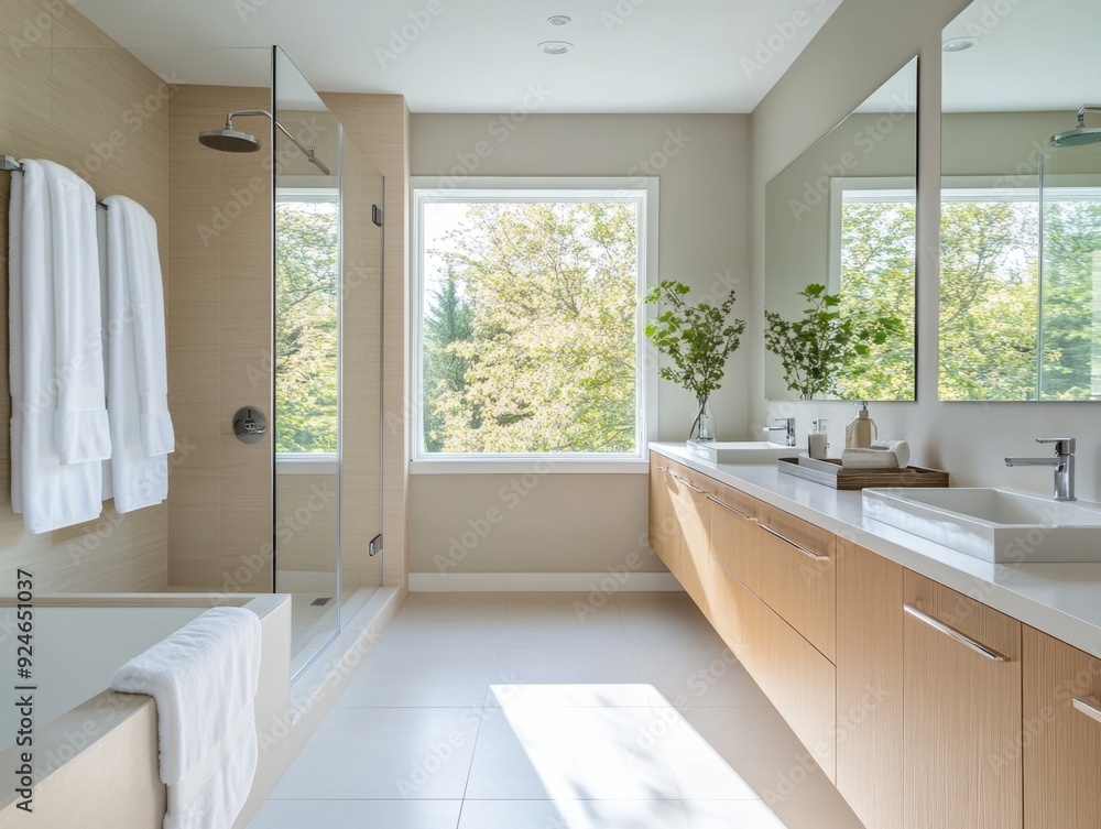 A bathroom with a large window and a shower A bathroom with a large window and a shower