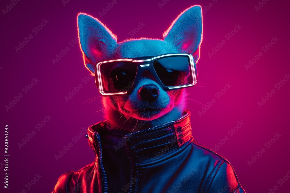Cartoon illustration of a fantasy dog wearing sunglasses and a leather jacket looking away from a pink and turquoise background. Cartoon illustration of a fantasy dog wearing sunglasses and a leather jacket looking away from a pink and turquoise background.