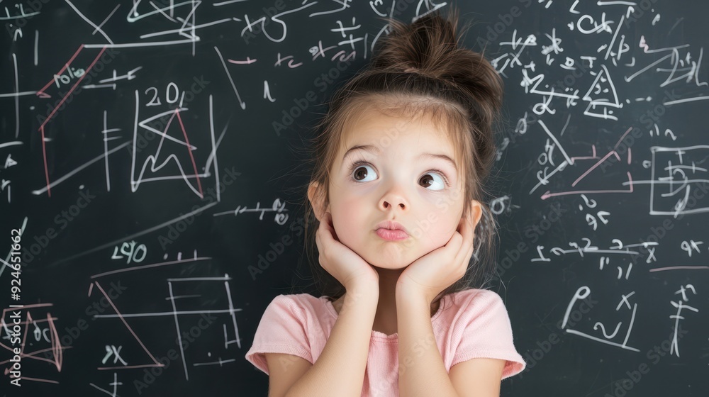 Curious Young Girl Contemplating Surreal Math Equations on Blackboard, Generative Ai