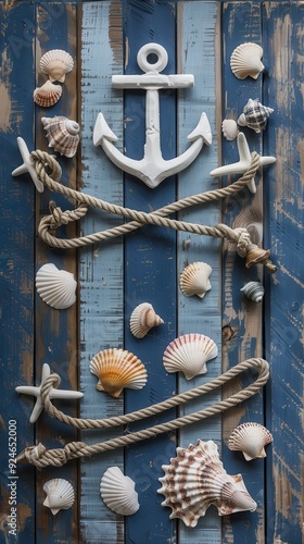 Nautical decor arrangement includes an anchor, shells, and ropes on blue wooden planks photo