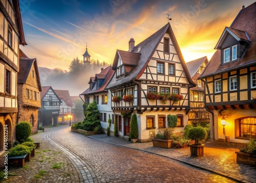 rustic morning mist rolling over half-timbered houses medieval streets of Michelstadt in soft warm light with hints of golden hue and subtle fog