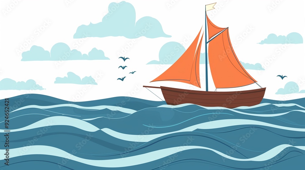 Naklejka premium Sailing boat, simplified form, SVG, side angle, sails up, on a wavy sea adventure