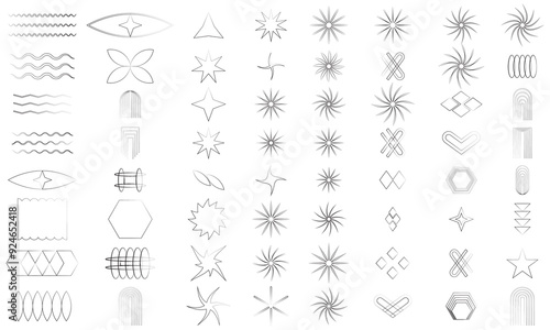 A set of graphic elements. Abstract geometric figures. Decorative minimalistic brutalist forms.