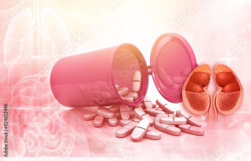 Human kidney with medicine pills. 3d illustration photo