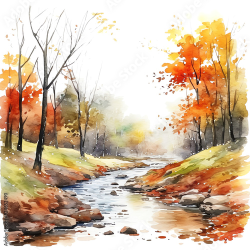 watercolor river flowing through an autumn forest isolated on a transparent background, reflections on the water, autumn season, fall season, colorful leaves, autumn landscape, autumn scenery photo