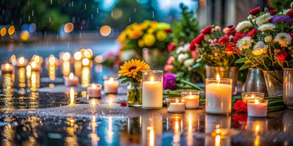 candles and flowers surrounding COVID-19 memorial with soft focus and shallow depth of field on dark and rainy night candles and flowers surrounding COVID-19 memorial with soft focus and shallow depth of field on dark and rainy night