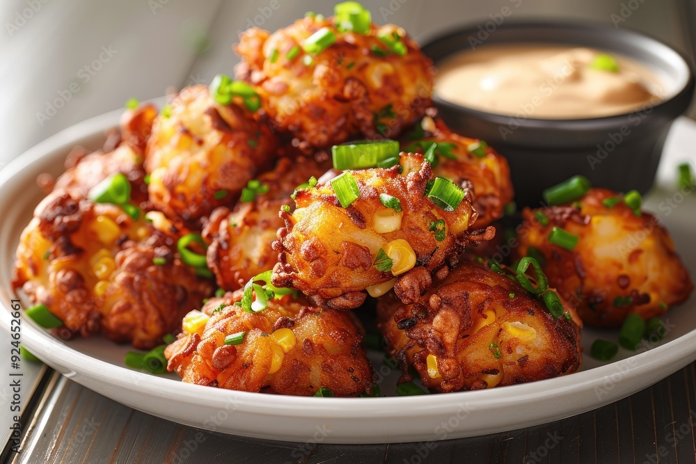A plate of crispy corn fritters garnished with green onions and served with dipping sauce. A plate of crispy corn fritters garnished with green onions and served with dipping sauce.