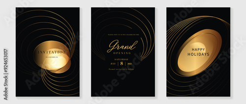Luxury invitation card background vector. Golden elegant wavy gold line pattern on black background. Premium design illustration for wedding and vip cover template, grand opening, gala.