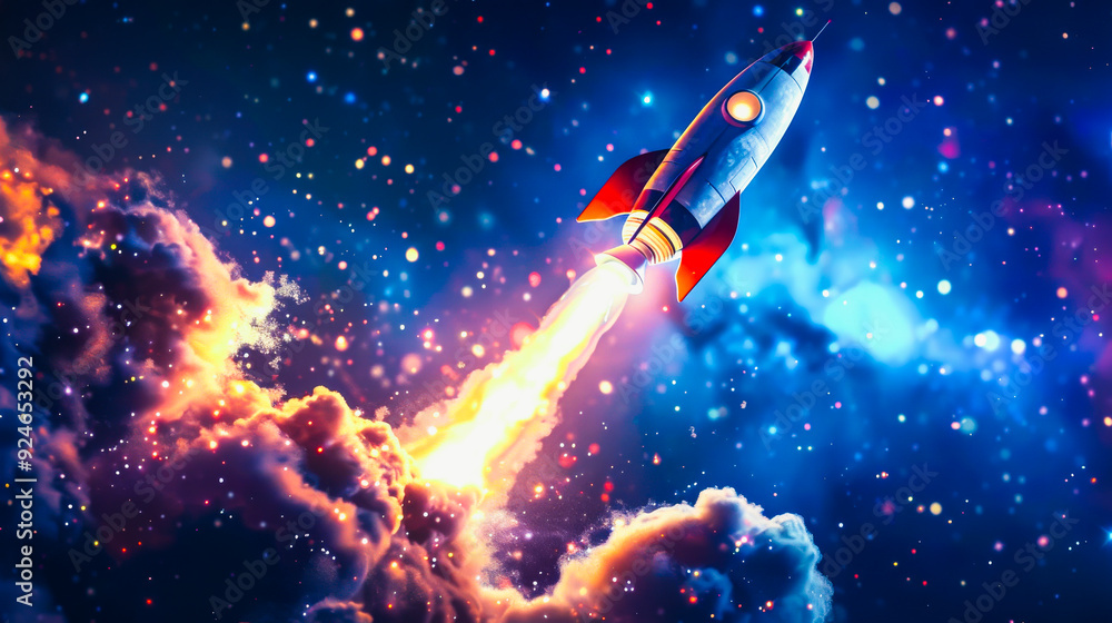 Fototapeta premium Igniting the Cosmos: A fiery rocket embarks on an interstellar journey through a vibrant, star-dusted galaxy.