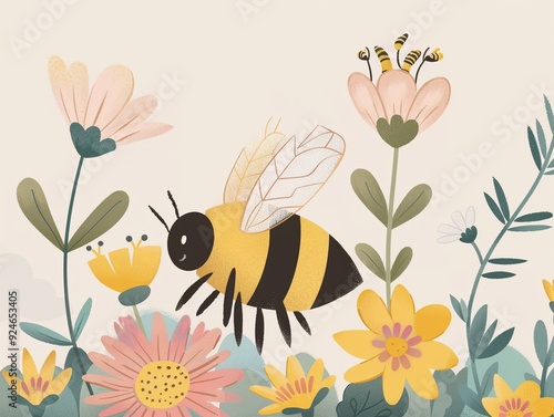 Tiny bee, striped body, SVG, buzzing around flowers