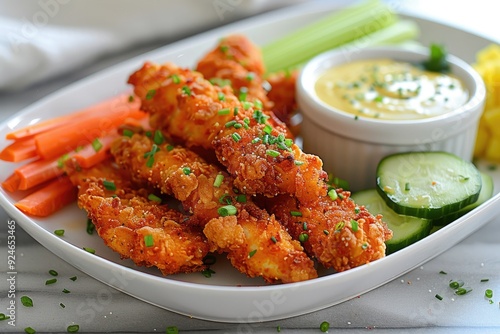 A plate of crispy fried chicken tenders with dipping sauce and fresh vegetables.