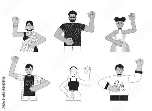 Diverse protestors activists black and white 2D line cartoon characters set. Fists raised protesters isolated vector outline people. Social issues monochromatic flat spot illustrations collection
